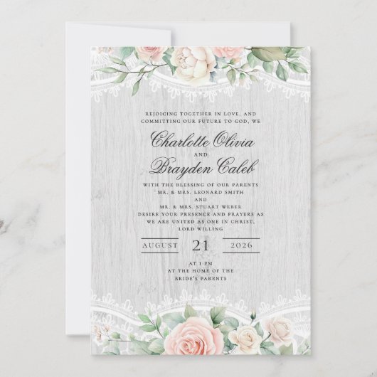 Rustic Blush Pink Watercolor Floral Lace Wedding Einladung (Vorderseite)