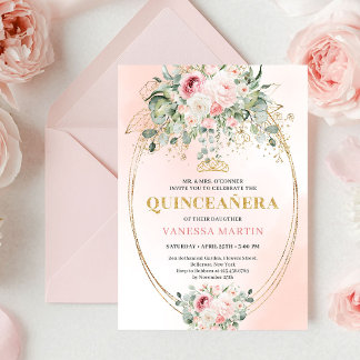 Rustic Blush Roses Eucalyptus Quinceañera Invite Einladung