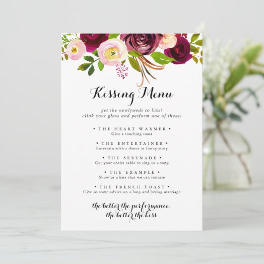 Rustic Blush Wedding Kissing Menu Game Card (Stehend Vorderseite)