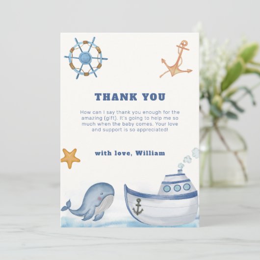 Rustic Boho Ahoy Boy Whale Sailboat Babydusche Dankeskarte (Stehend Vorderseite)