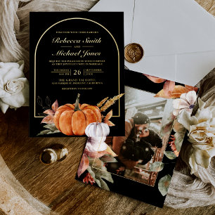 Rustic Boho Arch Pumpkin Foto Black Wedding Gold Folieneinladung