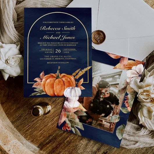 Rustic Boho Arch Pumpkin Foto Navy Hochzeit Gold Folieneinladung