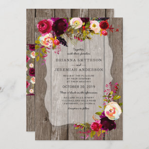 Rustic Boho Barn Wood burgundy Blumenhochzeit Einladung