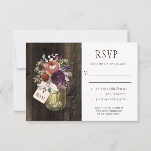 Rustic Boho Barn Wood Mason Jar Lila Floral UAWG RSVP Karte (Vorderseite)