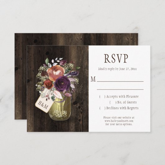 Rustic Boho Barn Wood Mason Jar Lila Floral UAWG RSVP Karte (Vorne/Hinten)