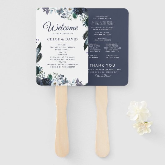 Rustic Boho Blue Floral Wedding Program Fächer (Vorne und Hinten)