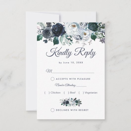 Rustic Boho Blue Floral Wedding RSVP mit Menü Karte (Vorderseite)