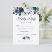 Rustic Boho Blue Floral Wedding RSVP mit Menü Karte (Stehend Vorderseite)