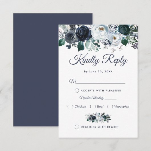 Rustic Boho Blue Floral Wedding RSVP mit Menü Karte (Vorne/Hinten)
