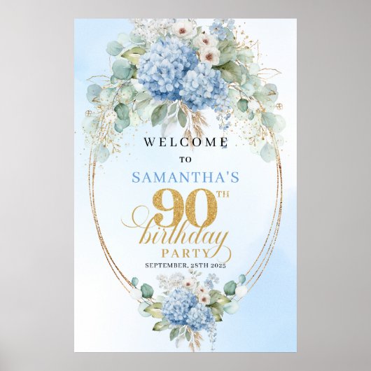 Rustic Boho Blue Hydrangeas 90th birthday welcome Poster (Vorne)