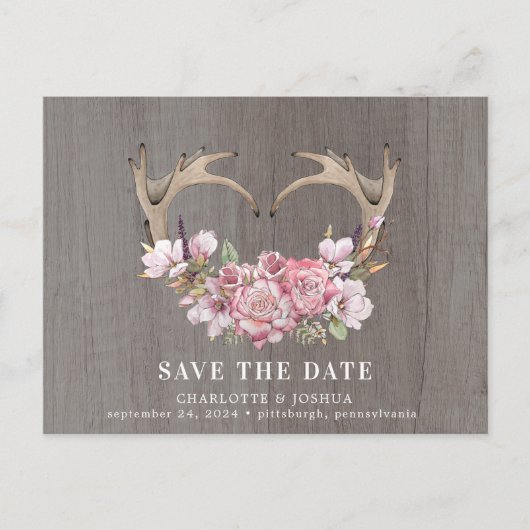 Rustic Boho Blush Floral Antlers Save the Date Ann Ankündigungspostkarte (Vorderseite)