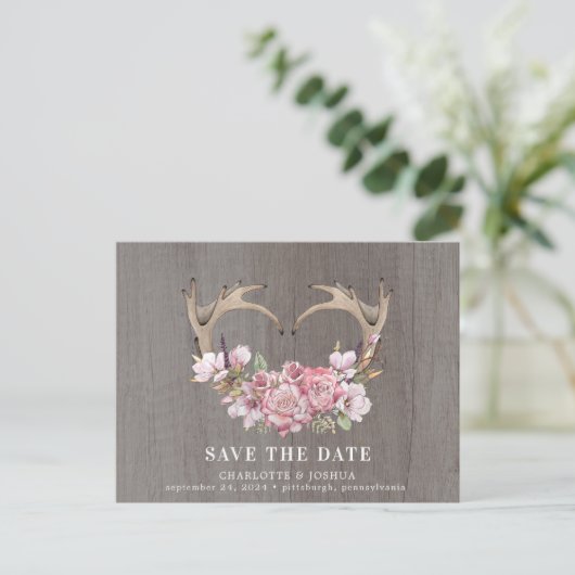 Rustic Boho Blush Floral Antlers Save the Date Ann Ankündigungspostkarte (Stehend Vorderseite)