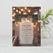 Rustic Boho Brick Wall & String Lights Wedding Inv Einladung (Stehend Vorderseite)