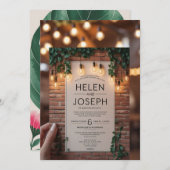 Rustic Boho Brick Wall & String Lights Wedding Inv Einladung (Vorne/Hinten)