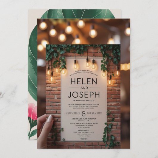 Rustic Boho Brick Wall & String Lights Wedding Inv Einladung (Vorne/Hinten)
