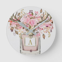 Rustic Boho Bull Skull Floral Monogram Chic Runde Wanduhr