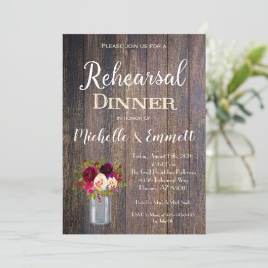 Rustic Boho Burgund Probe Dinner Einladung (Stehend Vorderseite)