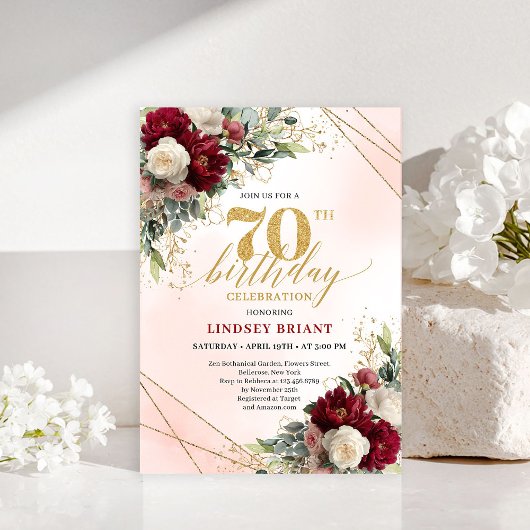Rustic Boho Burgundy Floral 70th Birthday Invite Einladung