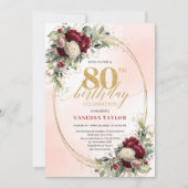 Rustic Boho Burgundy Floral 80th Birthday Invite Einladung (Vorderseite)