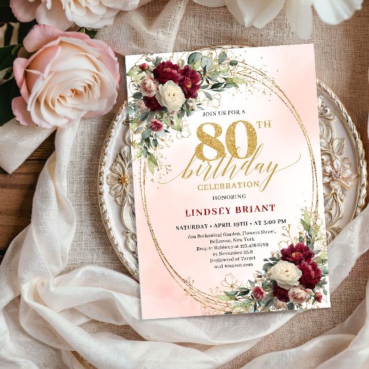 Rustic Boho Burgundy Floral 80th Birthday Invite Einladung