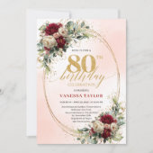 Rustic Boho Burgundy Floral 80th Birthday Invite Einladung (Vorderseite)