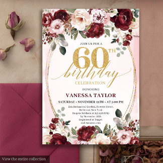 Rustic Boho Burgundy Gold Roses 60th Birthday Einladung
