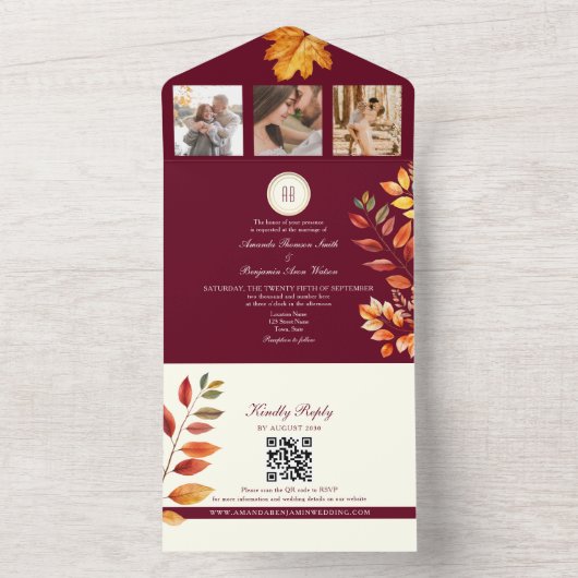 Rustic Boho Burgundy Hochzeit im Herbst All In One Einladung (Innen Boden)