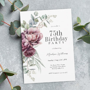 Rustic Boho Burgundy Plum Floral 75. Geburtstag Einladung