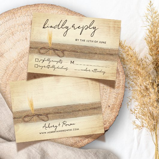 Rustic Boho Burlap Öko Wood Pampass Grass Wedding RSVP Karte