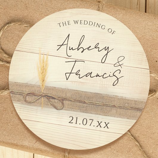 Rustic Boho Burlap Wood Pampass Grass Wedding Runder Aufkleber