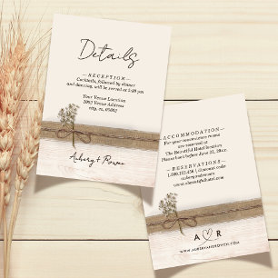 Rustic Boho Burlap Wood Wildblume Hochzeitdetails Begleitkarte