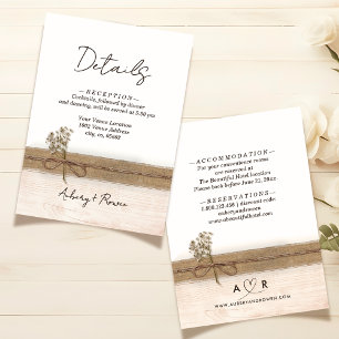 Rustic Boho Burlap Wood Wildblume Hochzeitdetails Begleitkarte