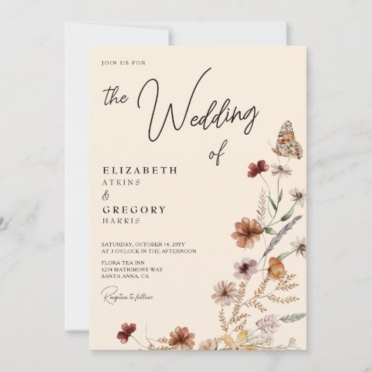 Rustic Boho Butterfly Fall Wildblume Hochzeit Einladung (Vorderseite)