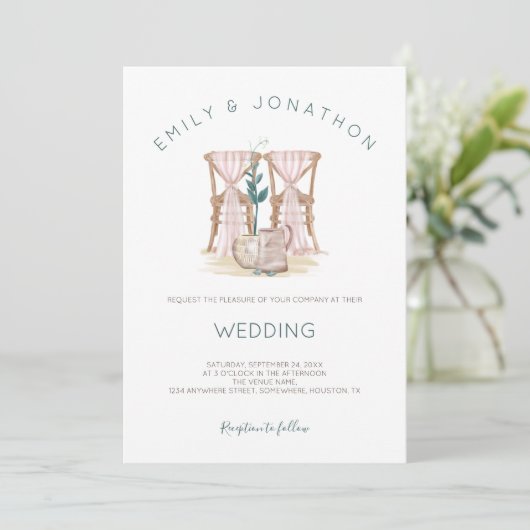 Rustic Boho Chairs Blue Eucalyptus Leaf Wedding Einladung (Stehend Vorderseite)