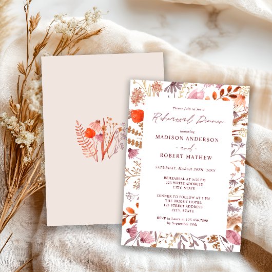 Rustic Boho Chic Bege Wildflowers Rehearsal Dinner Einladung