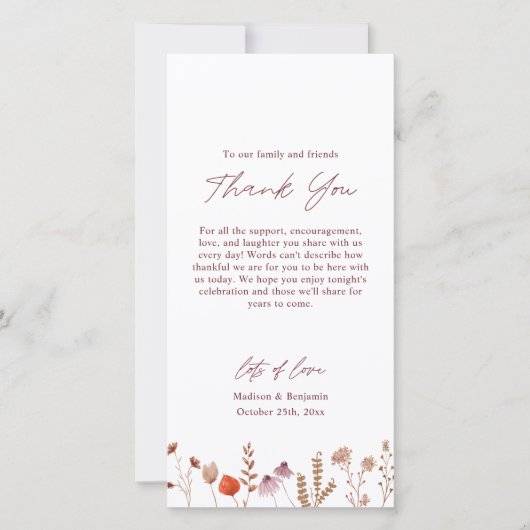 Rustic Boho Chic Fall Wildblumen Hochzeit Dankeskarte (Vorderseite)