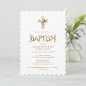 Rustic Boho Chic Floral Cross Baptism TMF26 Einladung (Stehend Vorderseite)