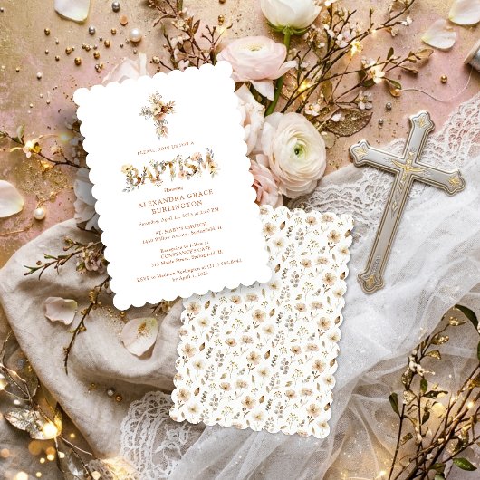 Rustic Boho Chic Floral Cross Baptism TMF26 Einladung