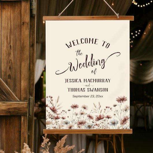 Rustic Boho Chic Wildblumen Hochzeit Willkommen Wandteppich Mit Holzrahmen