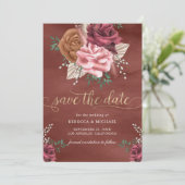 Rustic Boho Cinnamon Rose Floral Wedding Save The Date (Stehend Vorderseite)