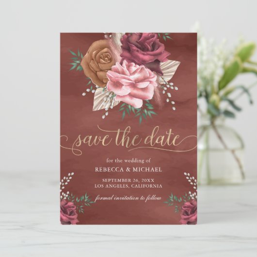 Rustic Boho Cinnamon Rose Floral Wedding Save The Date (Stehend Vorderseite)