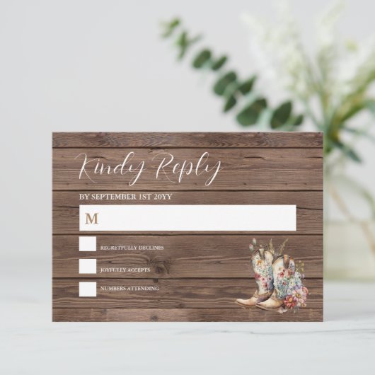 Rustic Boho Cowboy Boots Western Wedding RSVP Karte (Stehend Vorderseite)