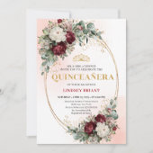 Rustic Boho Deep Red Floral Gold Quinceañera Invit Einladung (Vorderseite)
