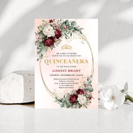 Rustic Boho Deep Red Floral Gold Quinceañera Invit Einladung