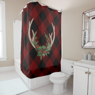 Rustic Boho Deer Antlers Christmas Kariert Flora Duschvorhang