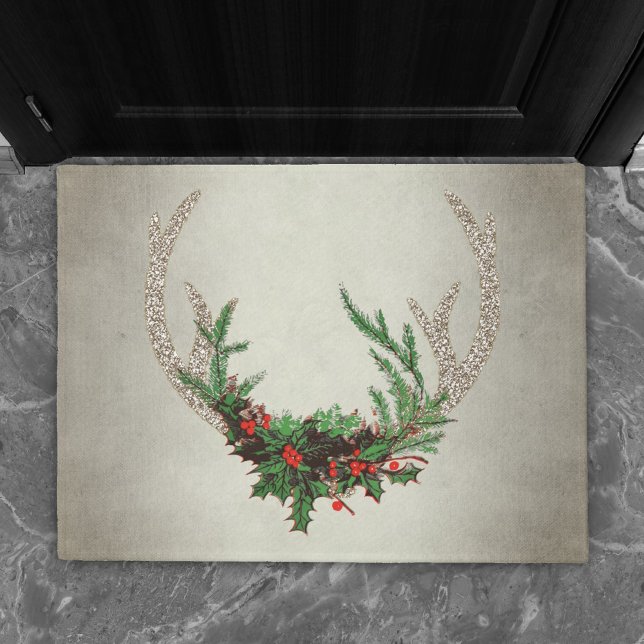 Rustic Boho Deer Antlers | Christmas Kariert Flora Fußmatte (Von Creator hochgeladen)