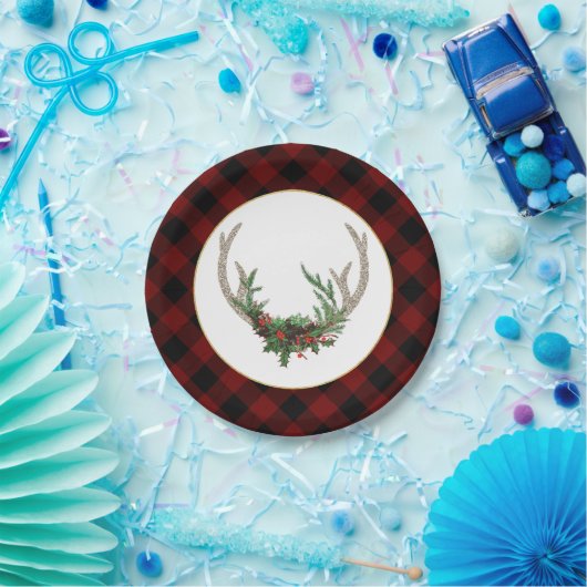Rustic Boho Deer Antlers | Christmas Kariert Flora Pappteller (Party)
