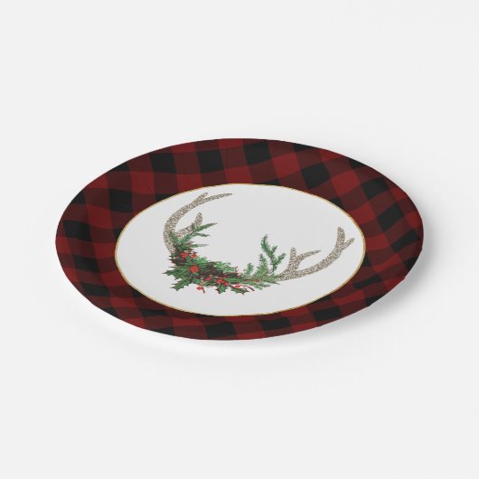 Rustic Boho Deer Antlers | Christmas Kariert Flora Pappteller (Schrägansicht)