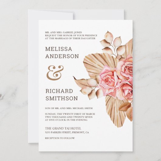 Rustic Boho Dried Palm Earthy Peach Rose Hochzeit Einladung (Vorderseite)