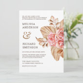 Rustic Boho Dried Palm Earthy Peach Rose Hochzeit Einladung (Stehend Vorderseite)